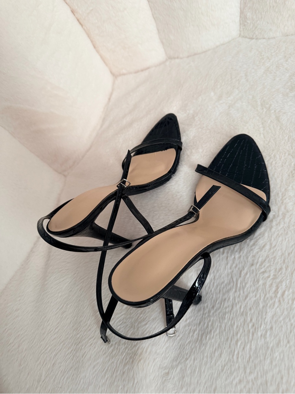 Black Strappy Pointed Toe Heels - Women Shoes